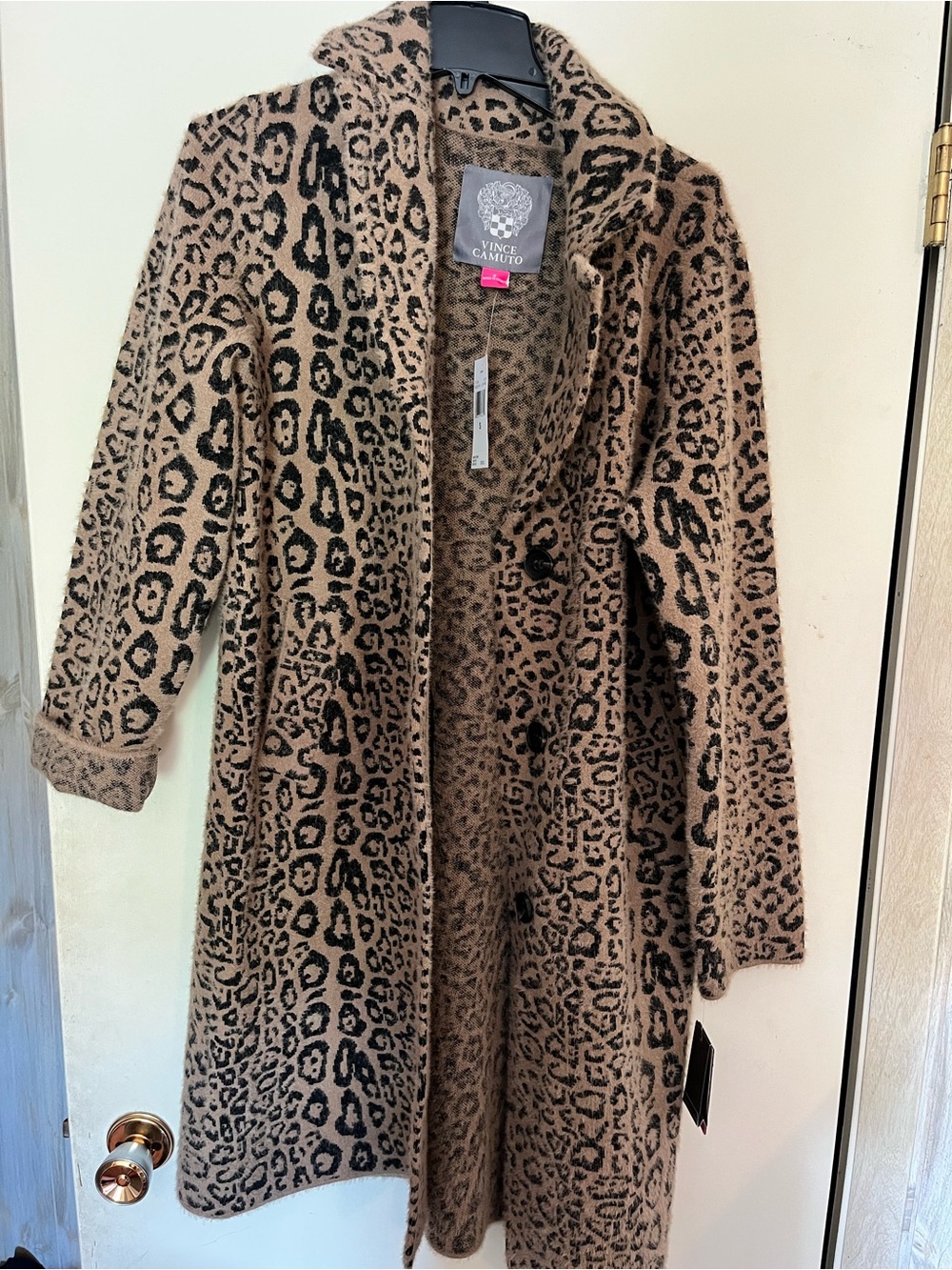 Vince Camuto Taupe & Black Leopard Hooded Coatigan